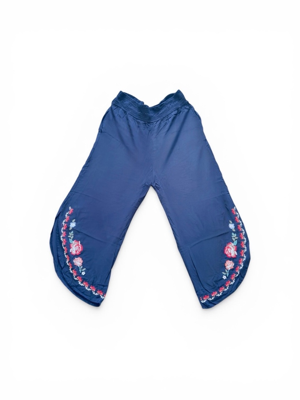 Navy Blue Floral Embroidered Boho Palazzo Pants